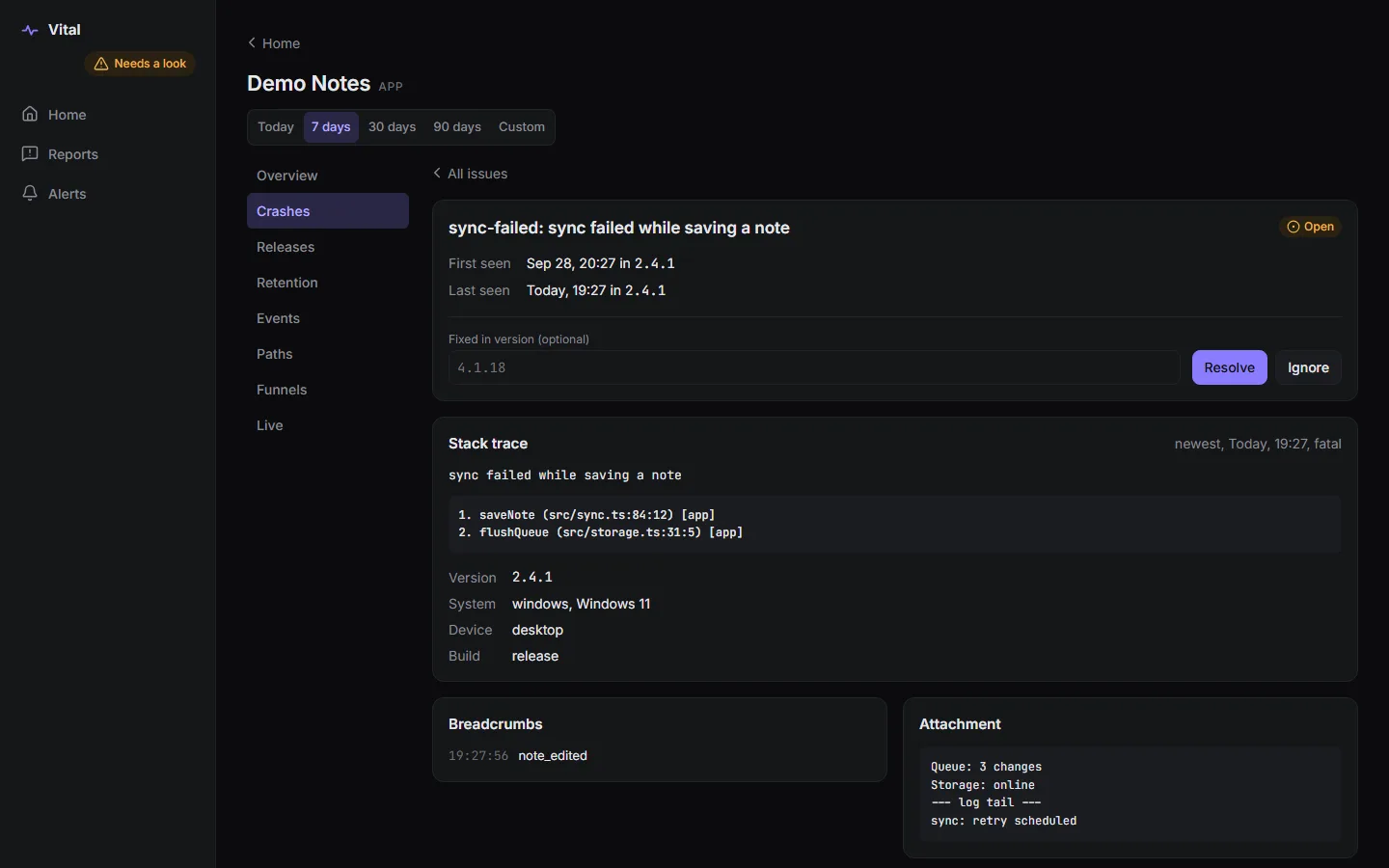 Vital issue detail with a stack trace and release context, using sample data.